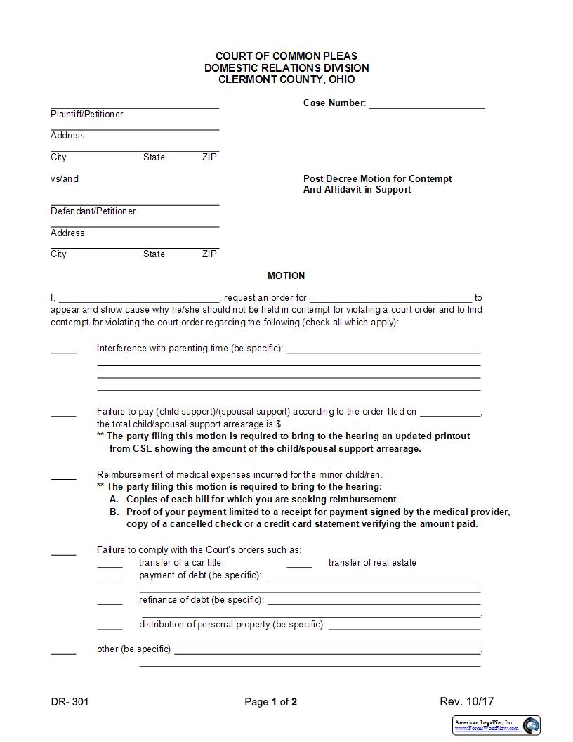 Post Decree Motion For Contempt And Affidavit In Support {DR-301} | Pdf Fpdf Docx | Ohio