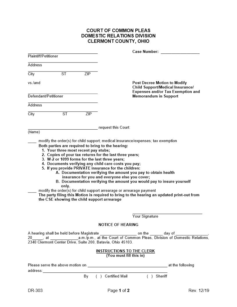 Post Decree Motion To Modify Child Support {DR-303} | Pdf Fpdf Docx | Ohio