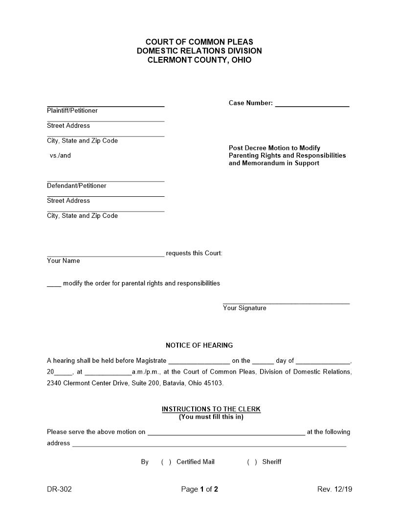 Post Decree Motion To Modify Parental Rights {DR-302} | Pdf Fpdf Docx | Ohio