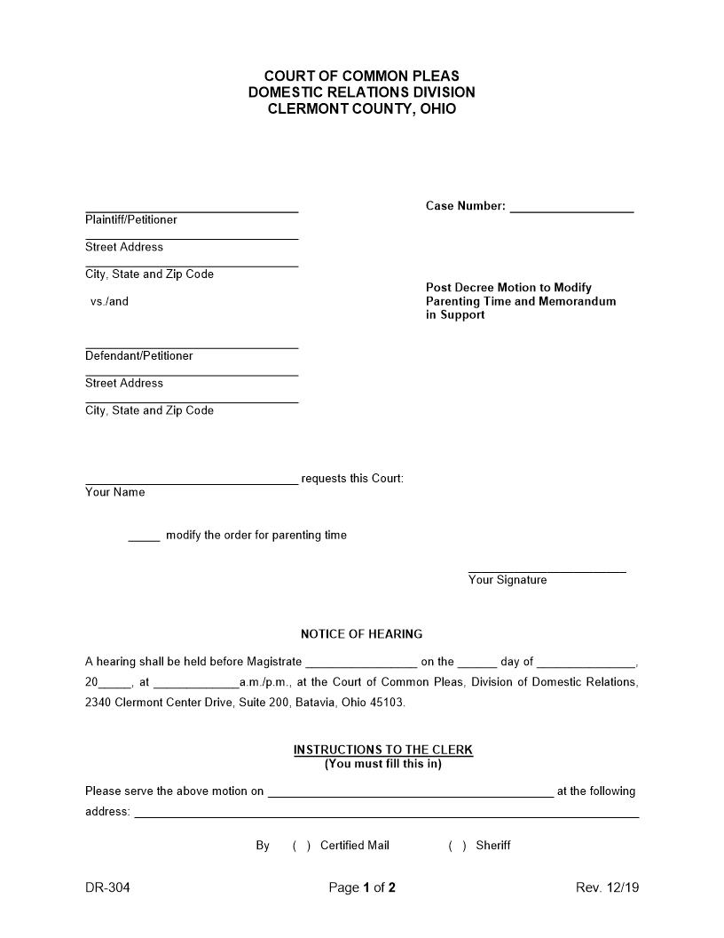 Post Decree Motion To Modify Parenting Time {DR-304} | Pdf Fpdf Docx | Ohio