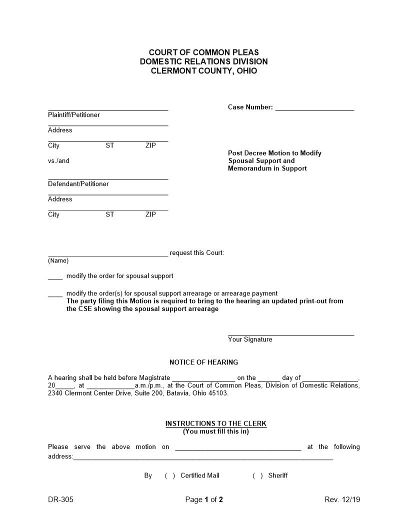 Post Decree Motion To Modify Spousal Support {DR-305} | Pdf Fpdf Docx | Ohio