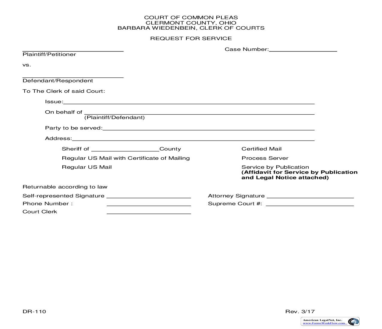 Request For Service {DR-110} | Pdf Fpdf Doc Docx | Ohio