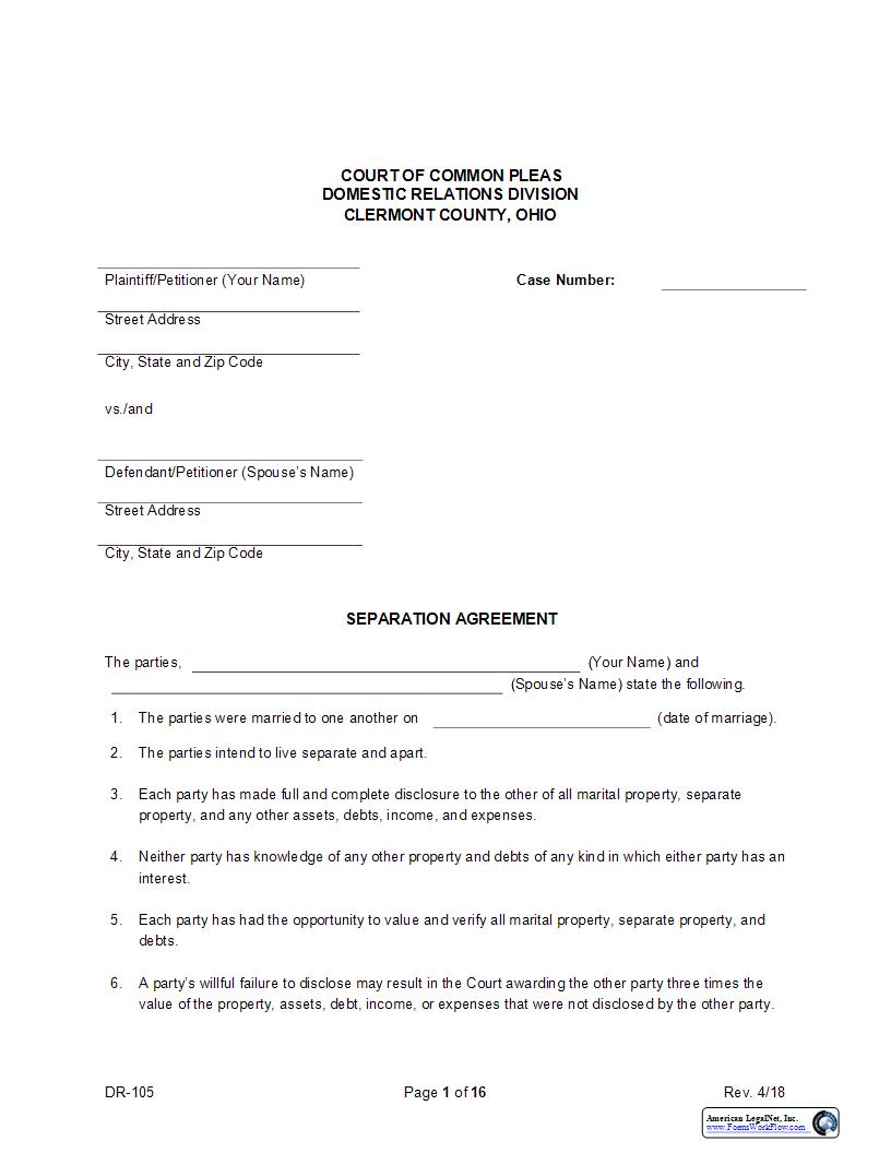Separation Agreement {DR-105} | Pdf Fpdf Docx | Ohio