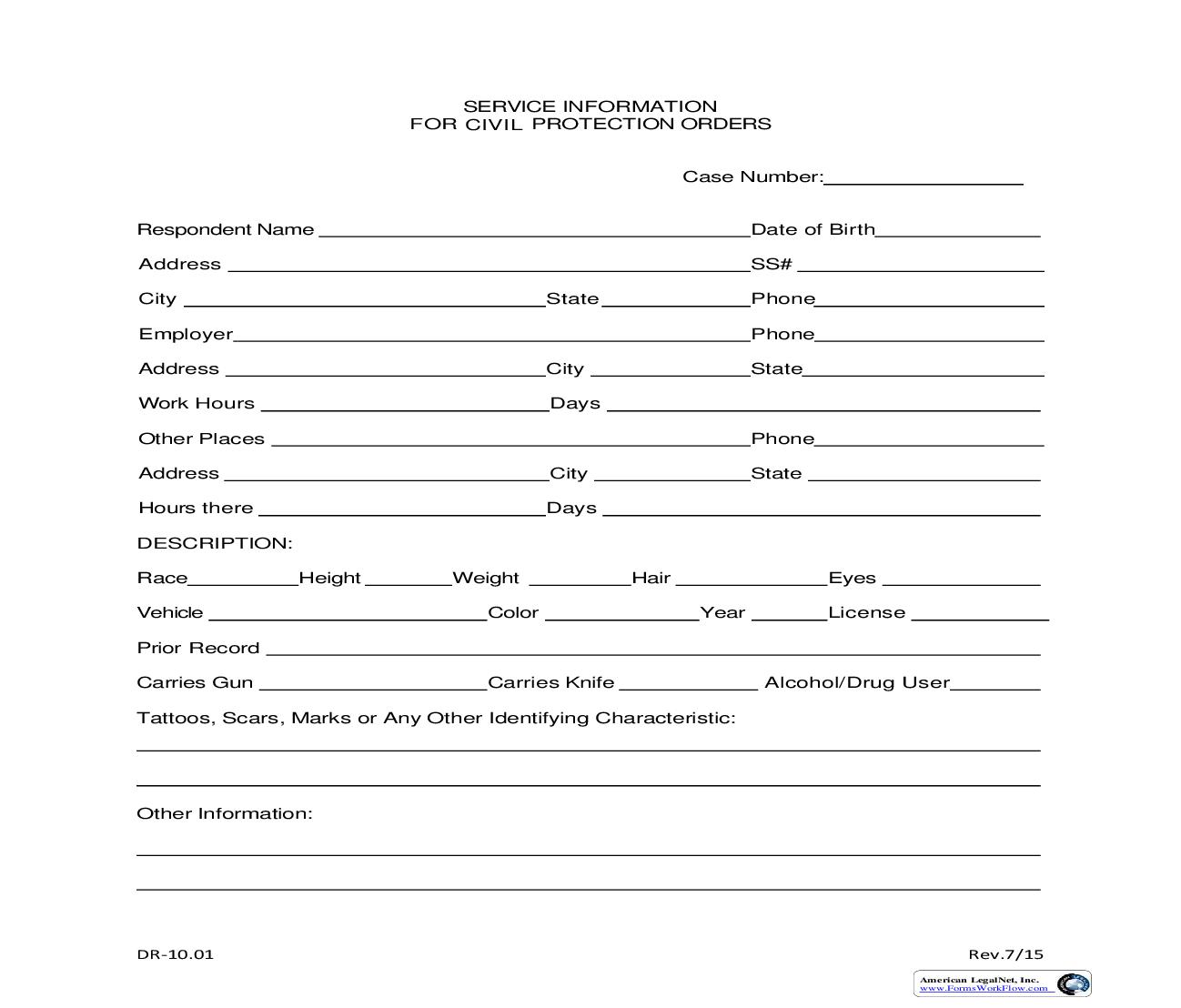 Service Information For Civil Protection Orders {DR-10.01} | Pdf Fpdf Doc Docx | Ohio