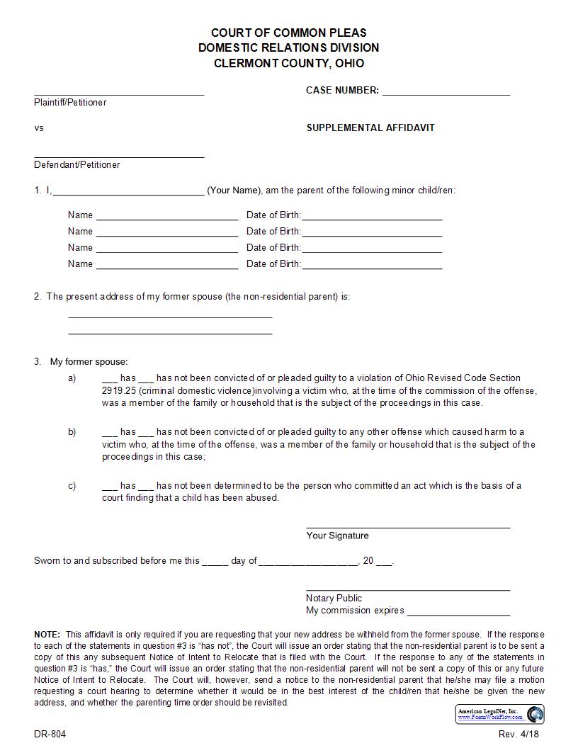 Supplemental Affidavit {DR-804} | Pdf Fpdf Docx | Ohio