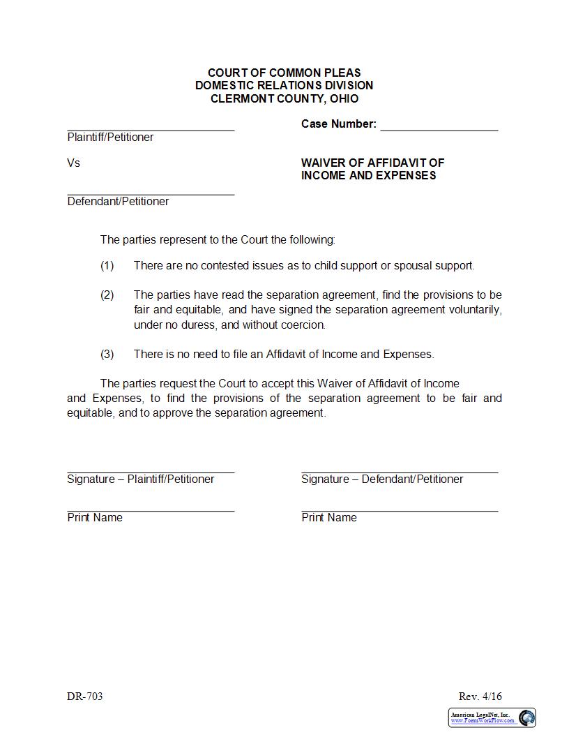 Waiver Of Affidavit Of Income And Expenses {DR-703} | Pdf Fpdf Docx | Ohio