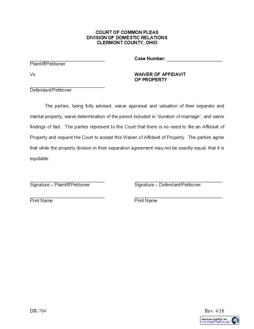 Waiver Of Affidavit Of Property {DR-704} | Pdf Fpdf Docx | Ohio
