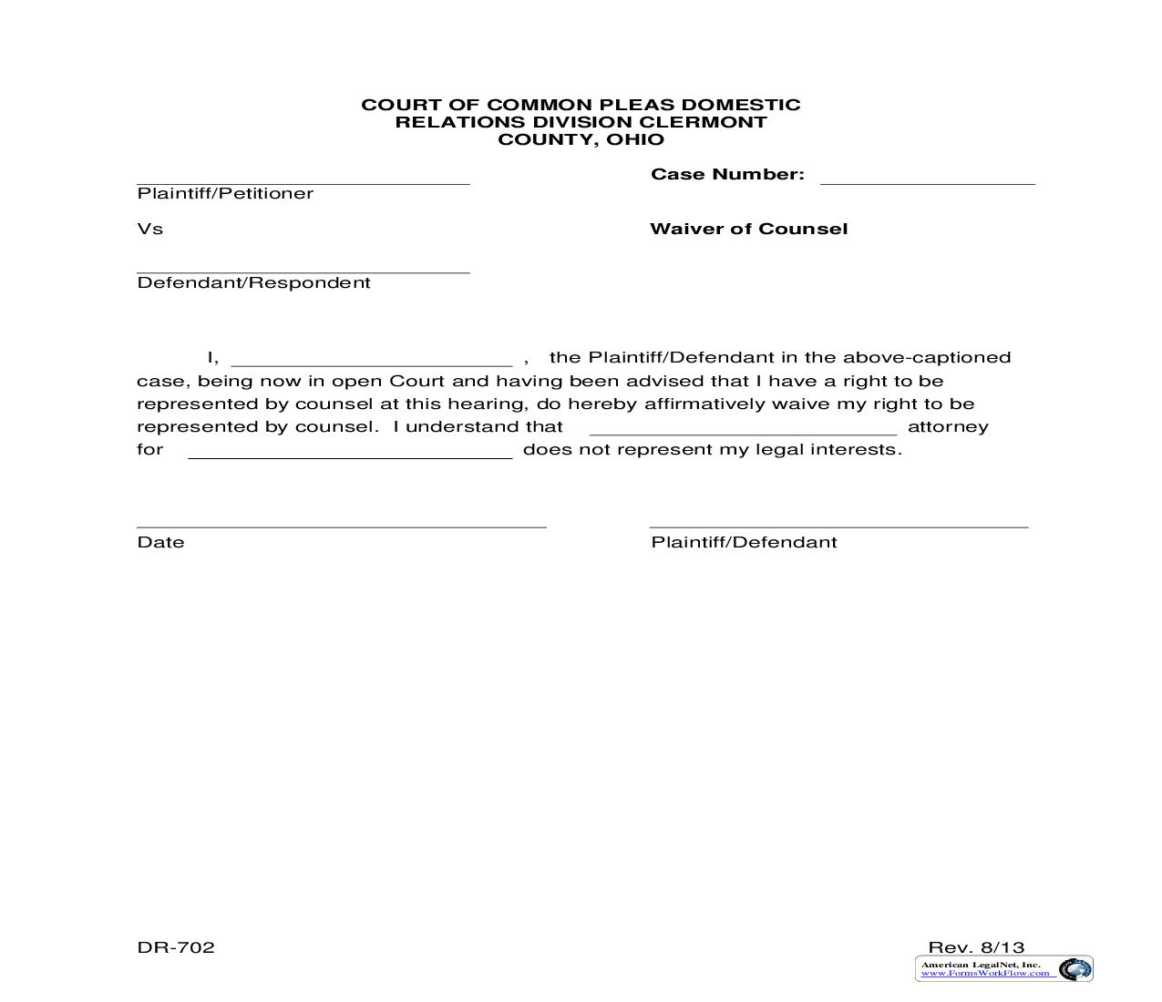 Waiver Of Counsel {DR-702} | Pdf Fpdf Doc Docx | Ohio