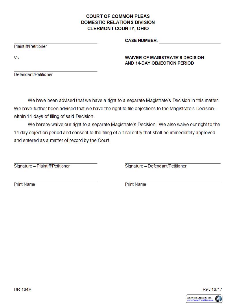 Waiver Of Magistrates Decision And 14 Day Objection Period {DR-104B} | Pdf Fpdf Docx | Ohio