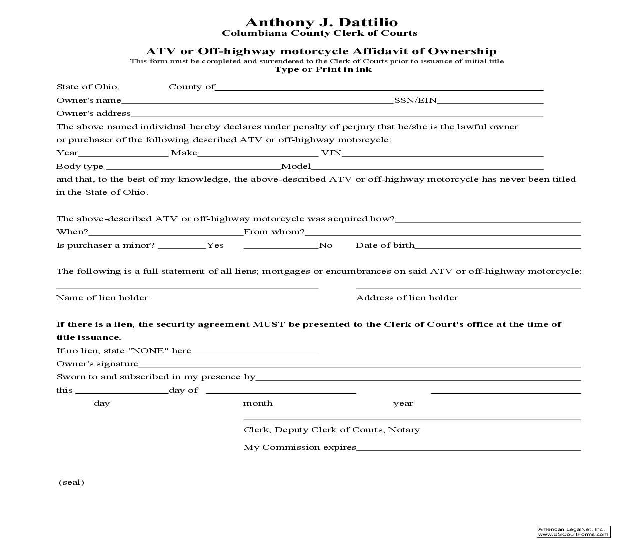 ATV Or Off Highway Motorcycle Affidavit Of Ownership | Pdf Fpdf Doc Docx | Ohio