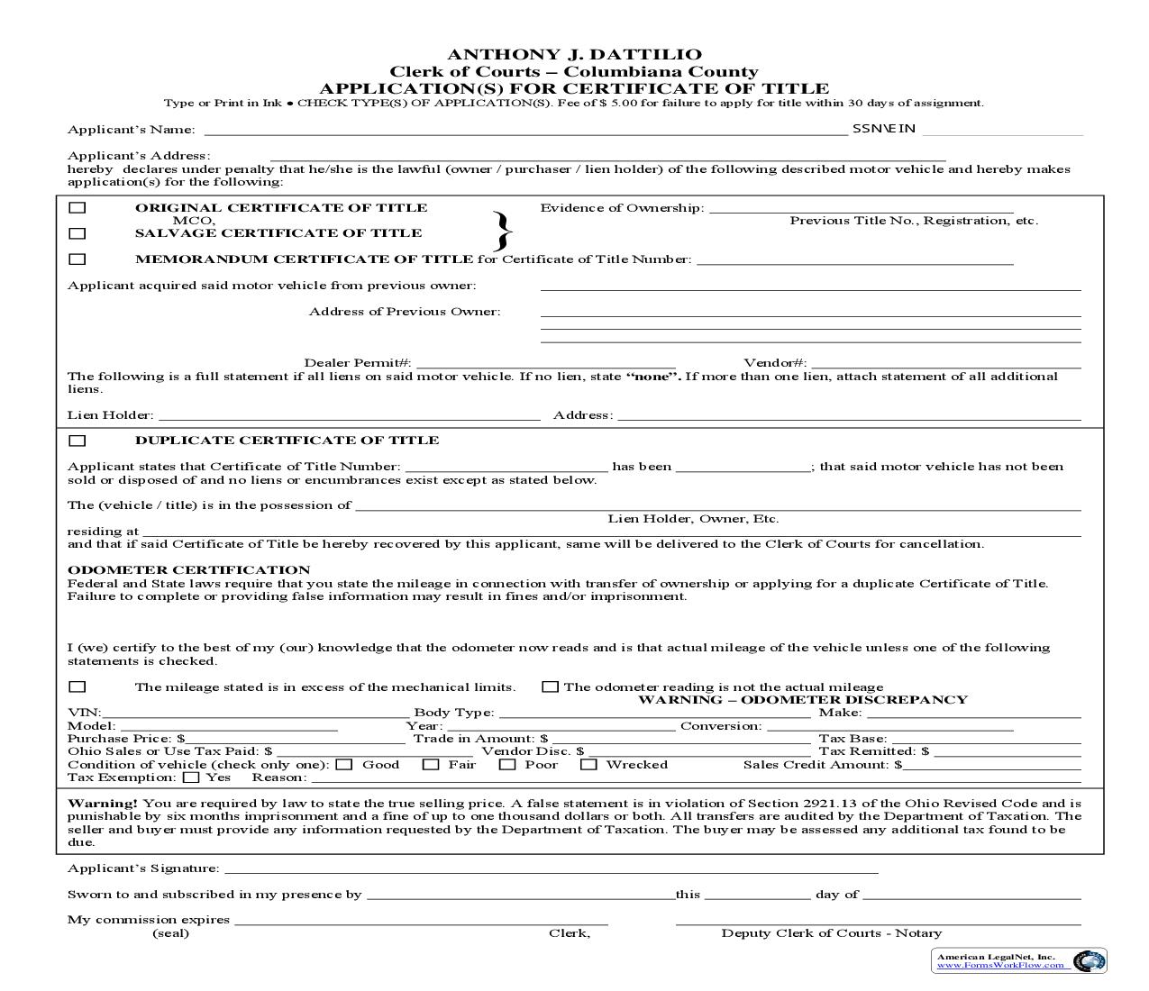 Application For Certificate Of Title To A Motor Vehicle | Pdf Fpdf Doc Docx | Ohio