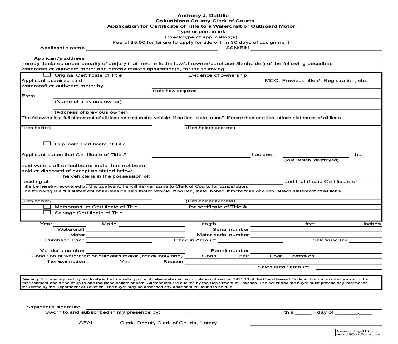 Application For Certificate Of Title To A Watercraft Or Outboard Motor | Pdf Fpdf Doc Docx | Ohio