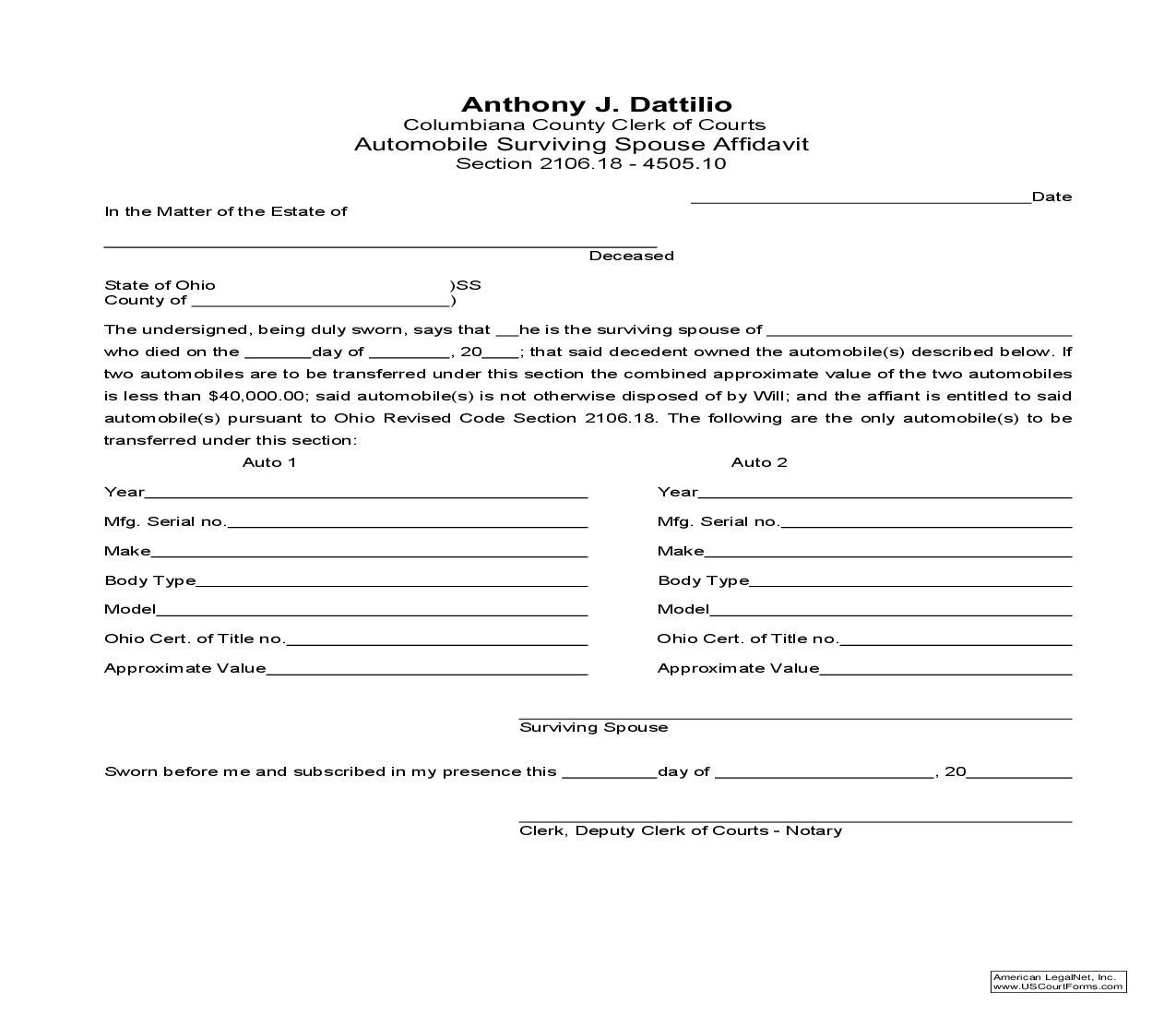Automobile Surviving Spouse Affidavit | Pdf Fpdf Doc Docx | Ohio