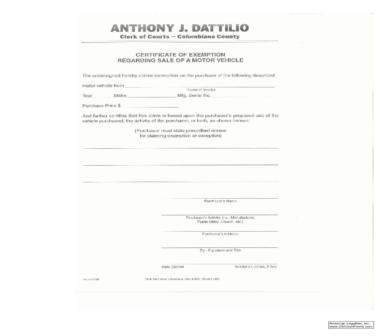 Certificate Of Exemption Regarding Sale Of A Motor Vehicle {91798} | Pdf Fpdf Doc Docx | Ohio