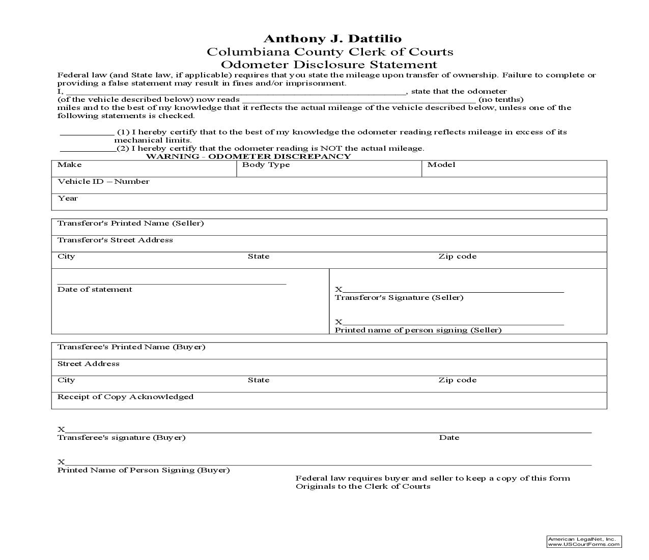 Odometer Disclosure Statement -Federal | Pdf Fpdf Doc Docx | Ohio