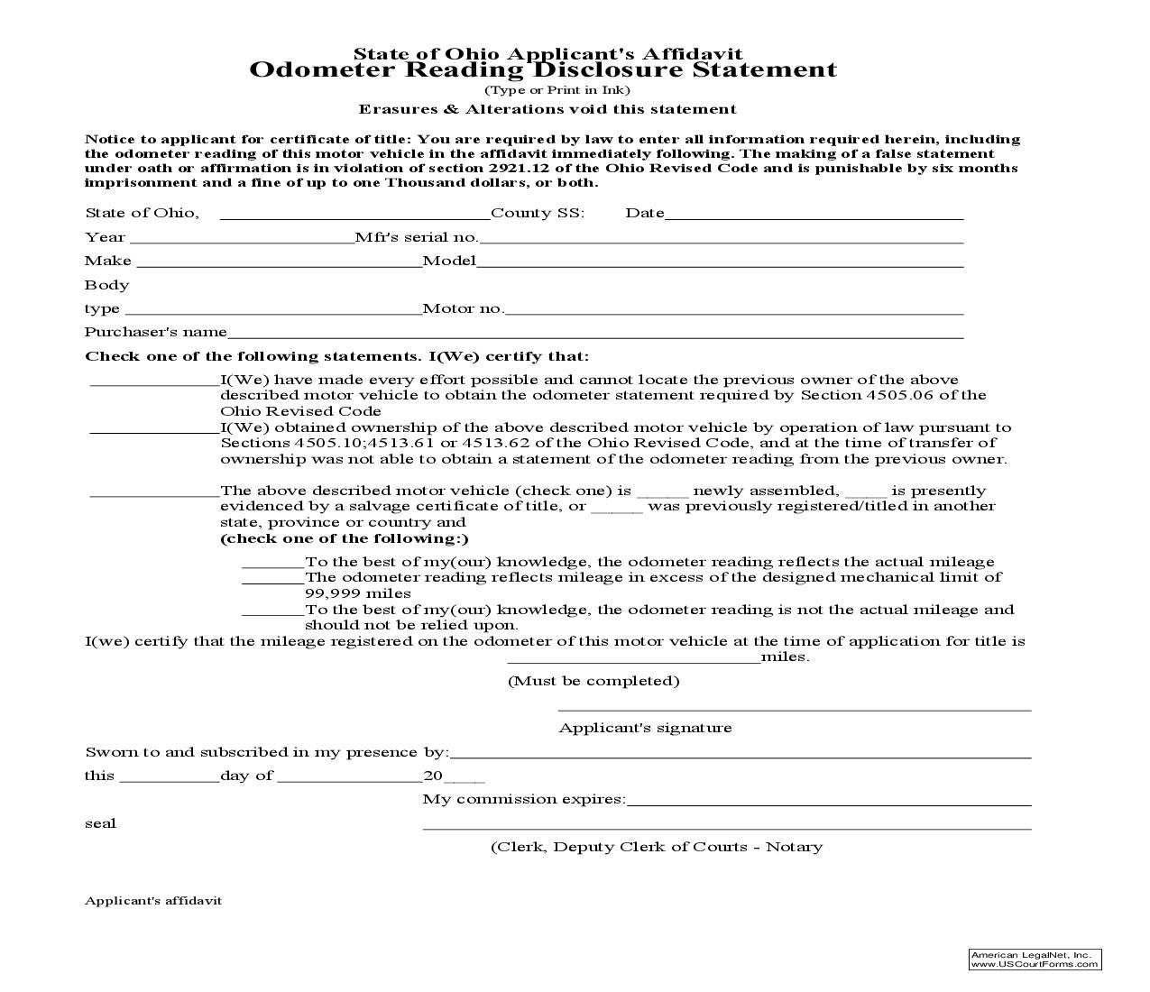 Odometer Reading Disclosure Statement -Applicant Seller | Pdf Fpdf Doc Docx | Ohio