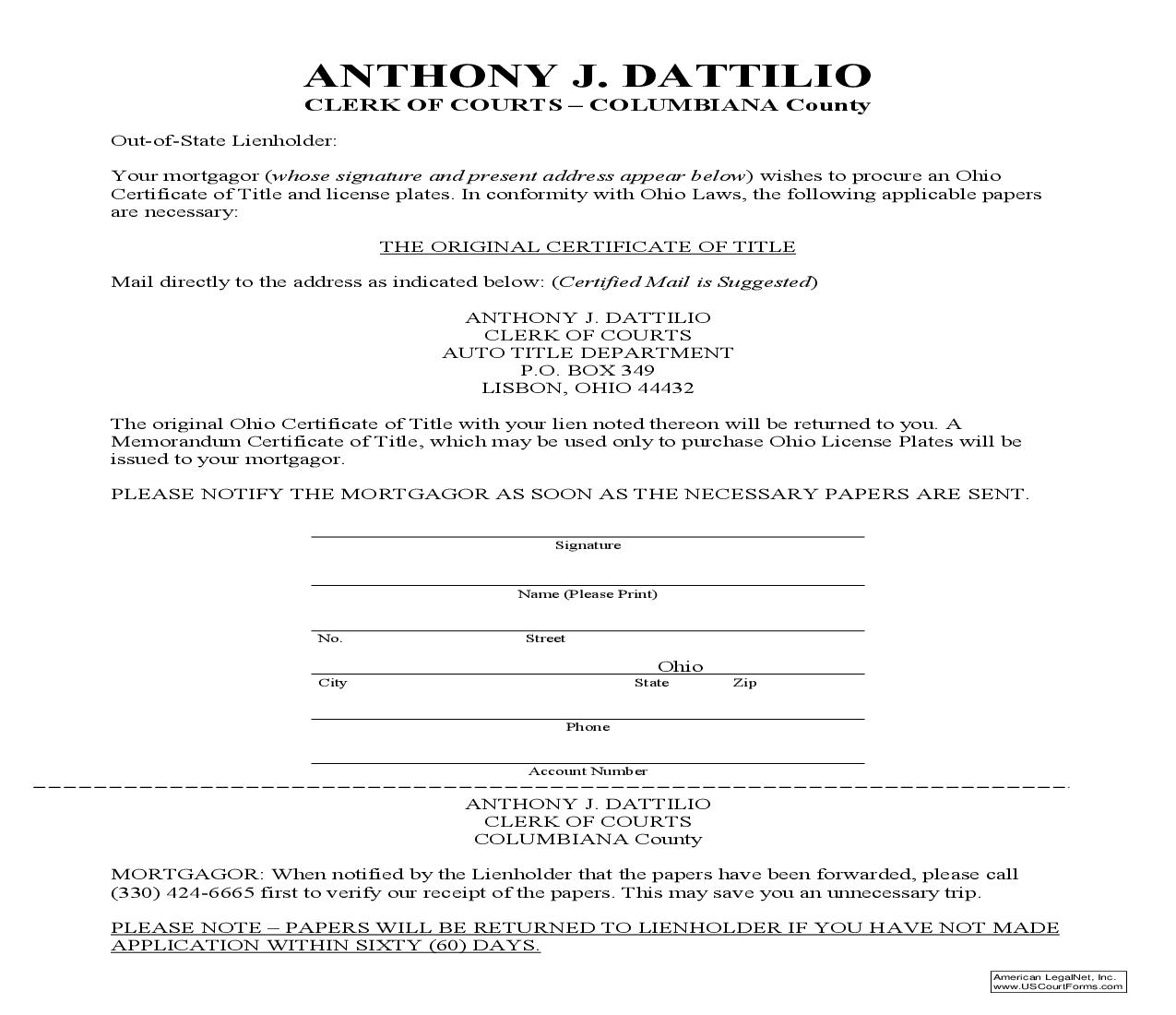 Out Of State Lienholder | Pdf Fpdf Doc Docx | Ohio