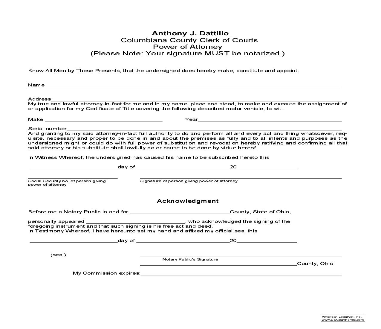 Power Of Attorney For Motor Vehicle | Pdf Fpdf Doc Docx | Ohio