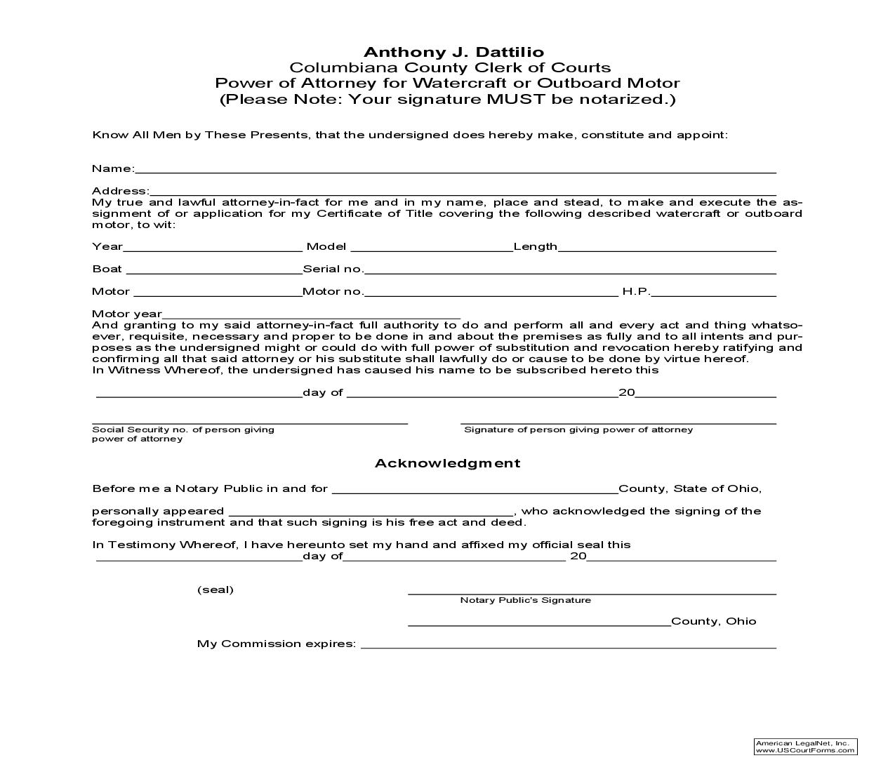 Power Of Attorney For Watercraft Or Outboard Motor | Pdf Fpdf Doc Docx | Ohio