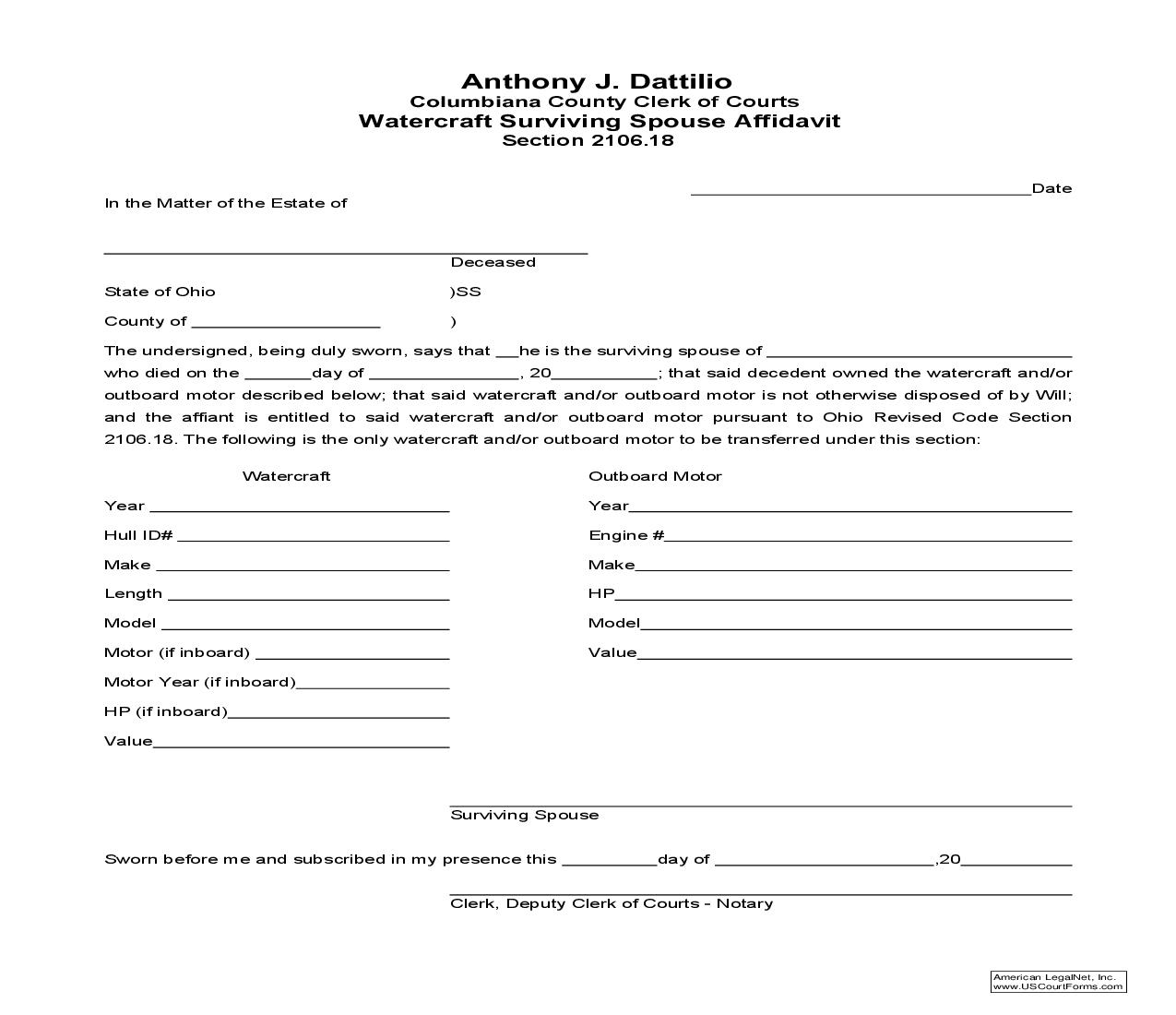 Watercraft Surviving Spouse Affidavit | Pdf Fpdf Doc Docx | Ohio