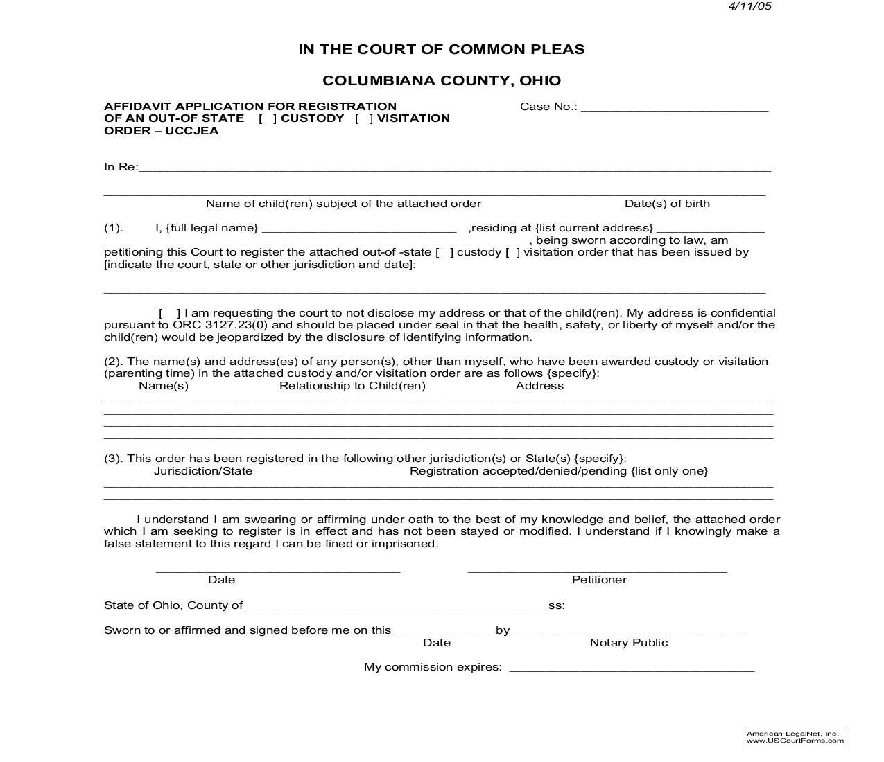 Affidavit Application For Registration Of An Out Of State Custody-Visitation | Pdf Fpdf Doc Docx | Ohio