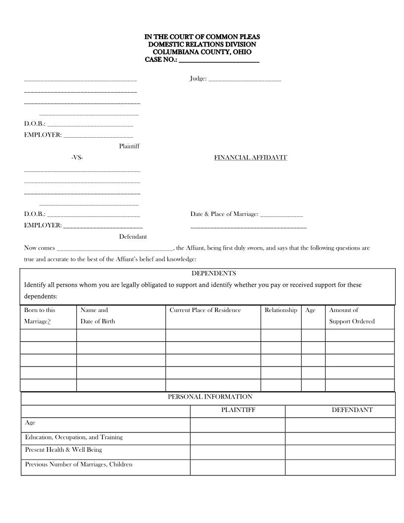 Financial Affidavit | Pdf Fpdf Doc Docx | Ohio