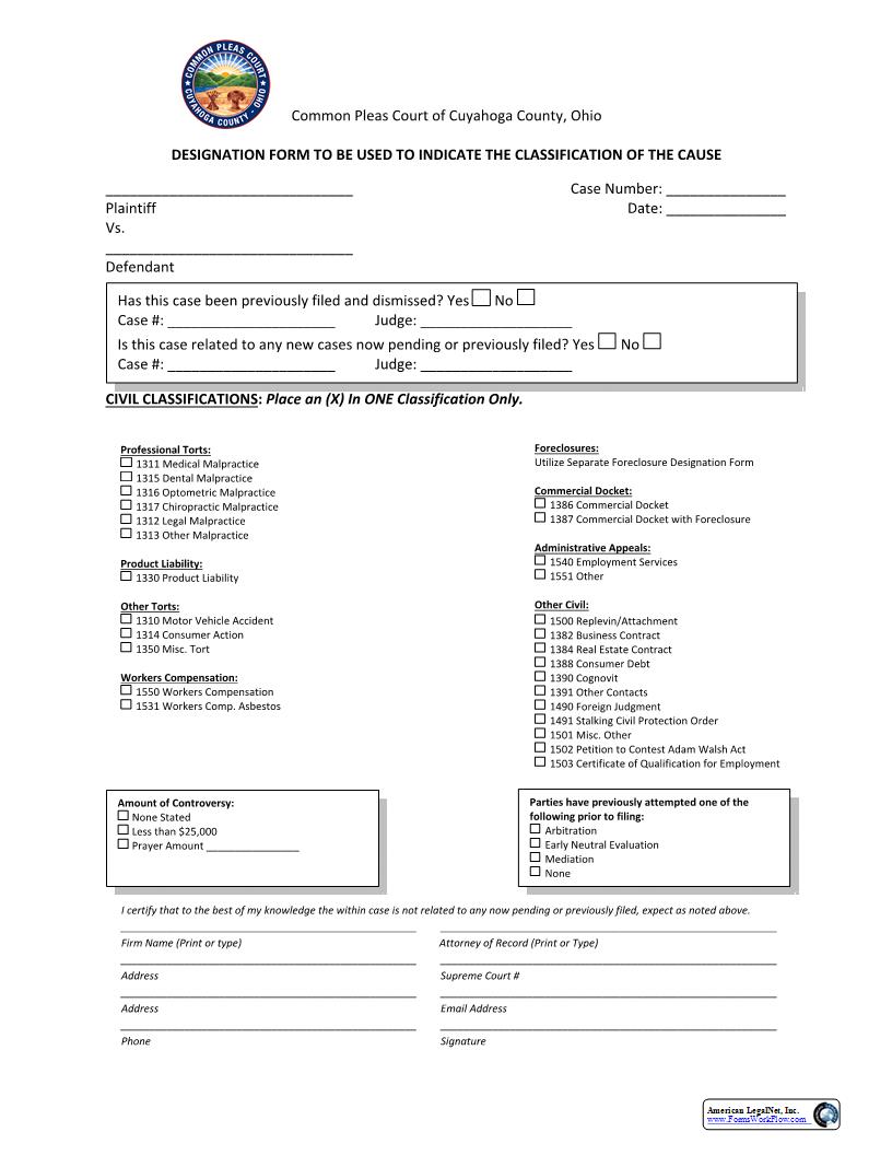 Designation Form To Be Used To Indicate The Classification Of The Cause | Pdf Fpdf Docx | Ohio