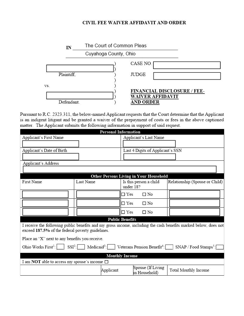 Fee Waiver Affidavit | Pdf Fpdf Docx | Ohio