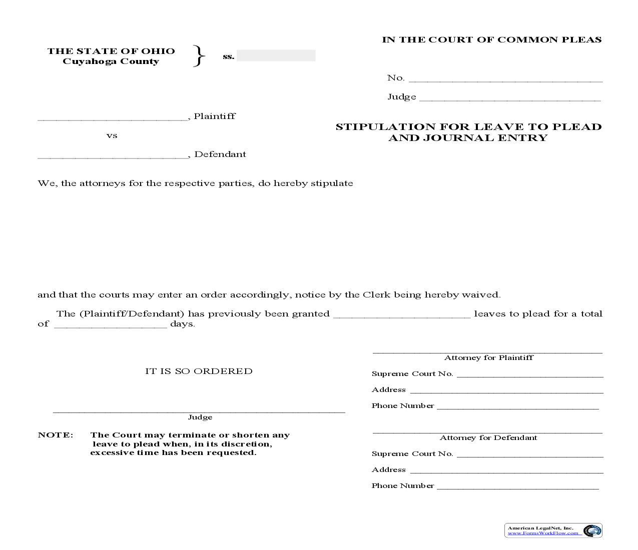 Stipulation For Leave To Plead And Journal Entry | Pdf Fpdf Doc Docx | Ohio