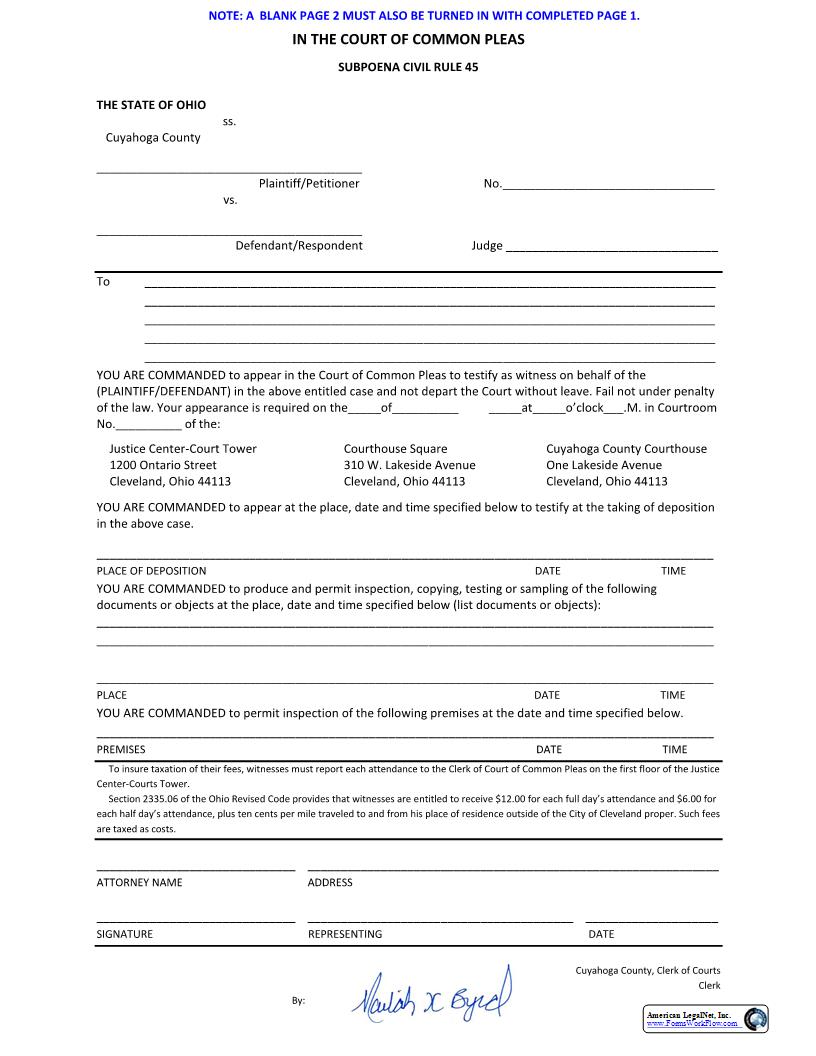 Subpoena Civil Rule 45 | Pdf Fpdf Docx | Ohio