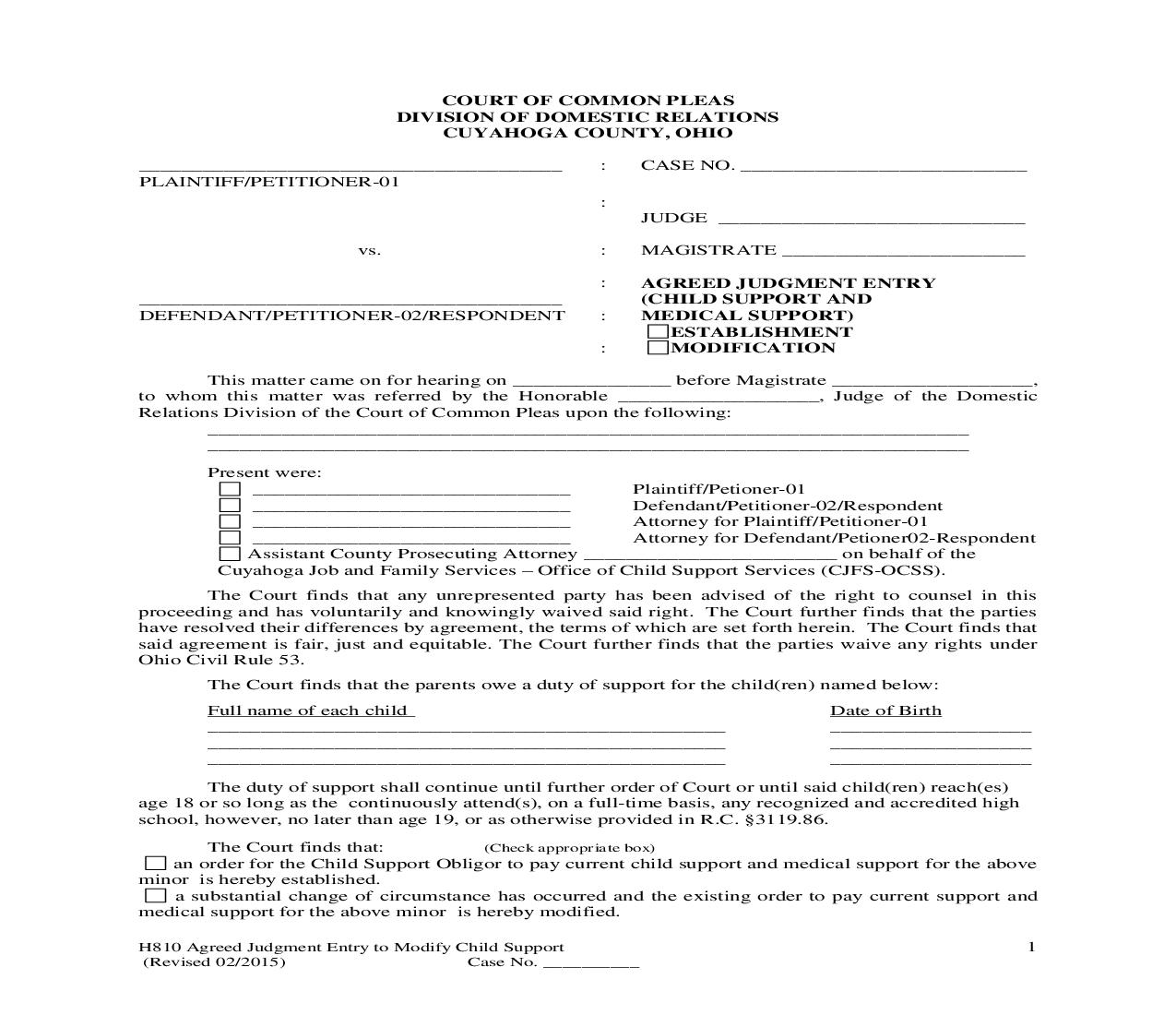 Agreed Judgment Entry (Child Support and Medical Support) | Pdf Fpdf Doc Docx | Ohio