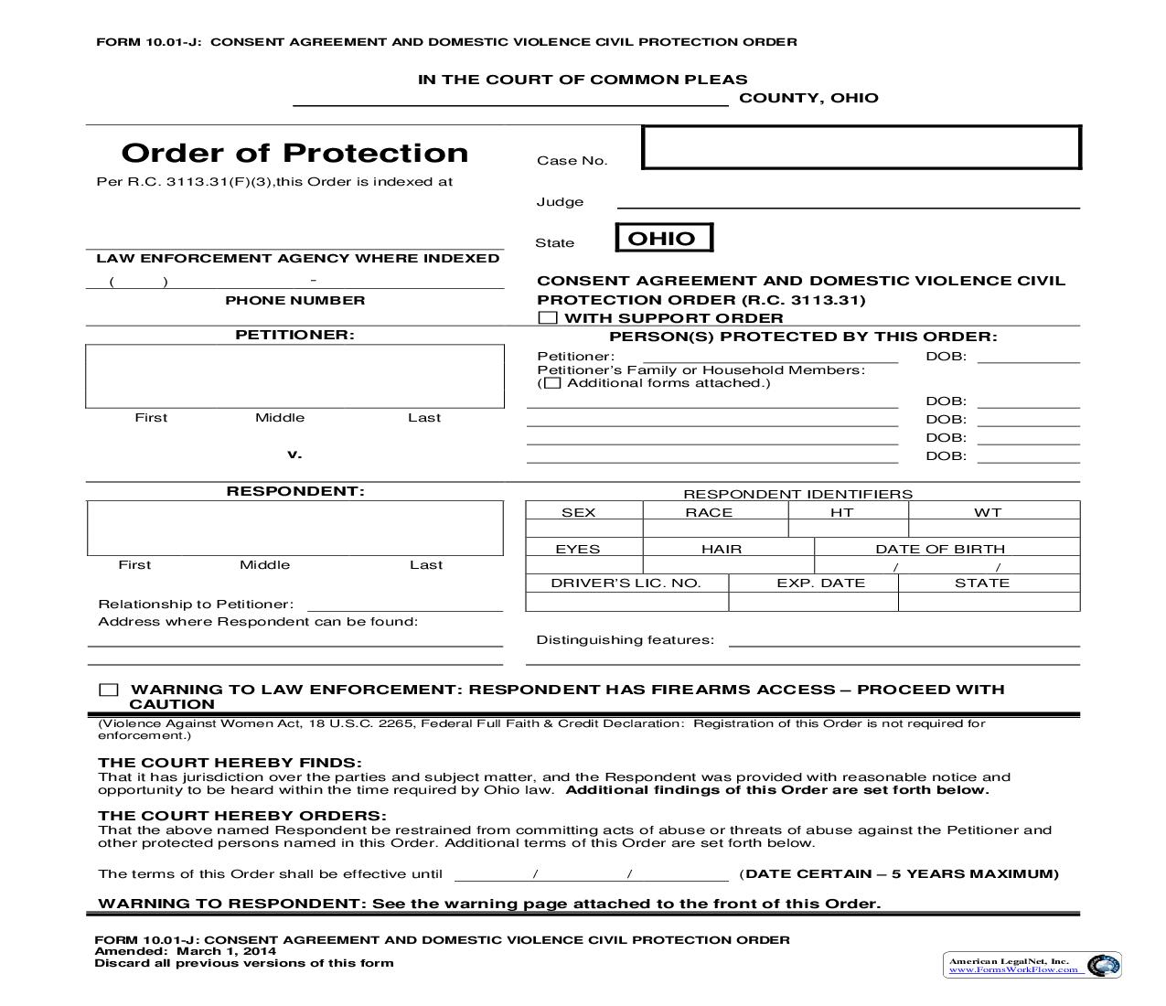 Consent Agreement And Domestic Violence Civil Protection Order {10.01-J} |  | Ohio