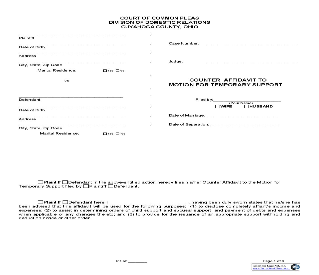 Counter Affidavit To Motion For Temporary Support | Pdf Fpdf Doc Docx | Ohio