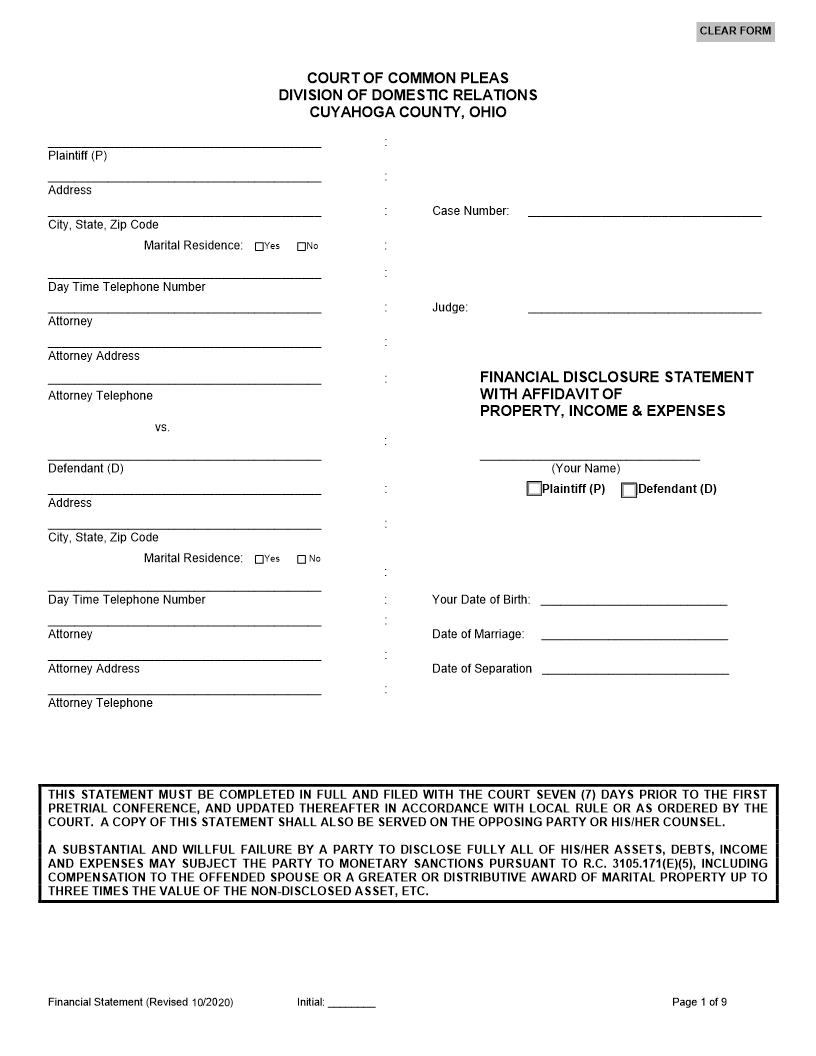 Financial Disclosure Statement With Affidavit Of Property Income And Expenses | Pdf Fpdf Doc Docx | Ohio