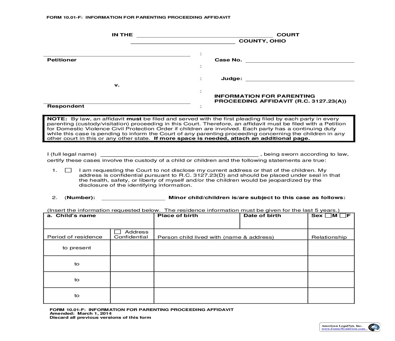 Information For Parenting Proceeding Affidavit {10.01-F} |  | Ohio