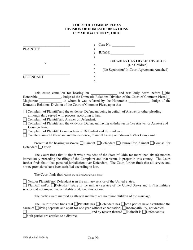 Judgment Entry Divorce With No Children | Pdf Fpdf Doc Docx | Ohio