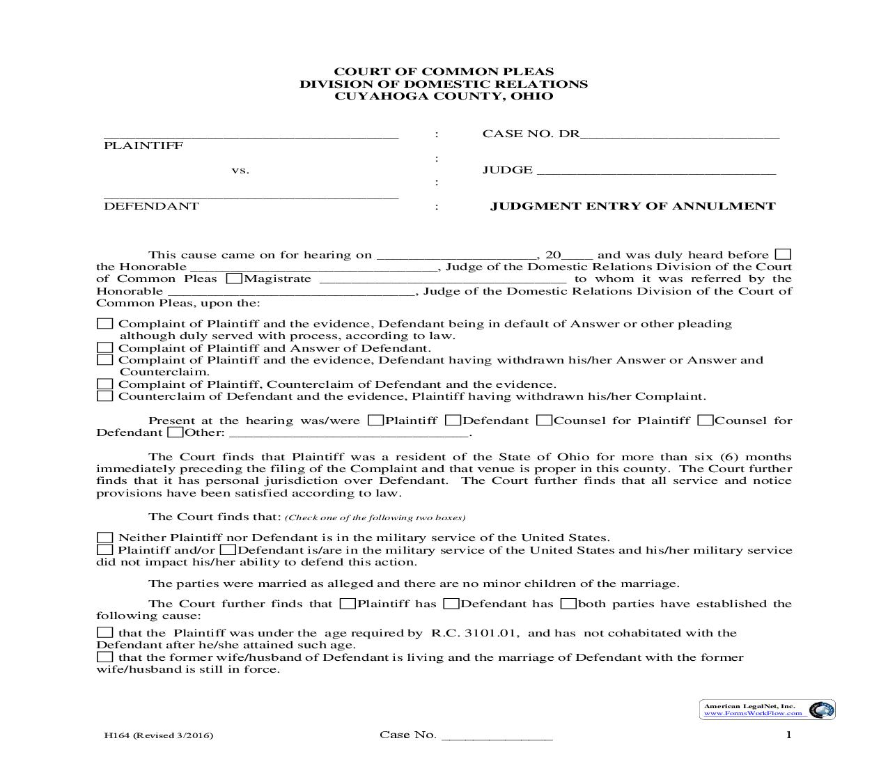 Judgment Entry Of Annulment {H-164} | Pdf Fpdf Doc Docx | Ohio