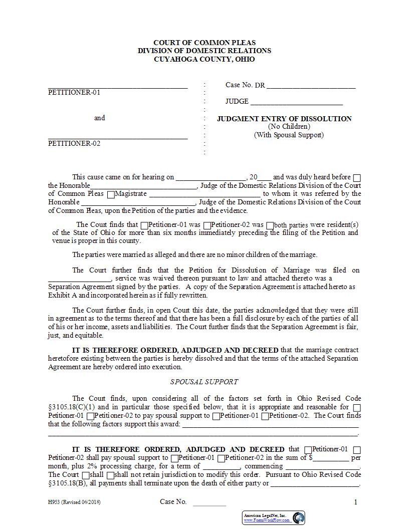 Judgment Entry Of Dissolution (No Children) {H-953} | Pdf Fpdf Docx | Ohio