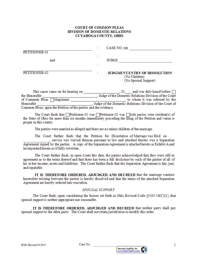 Judgment Entry Of Dissolution (No Children) (No Spousal Support) {H-160} | Pdf Fpdf Docx | Ohio