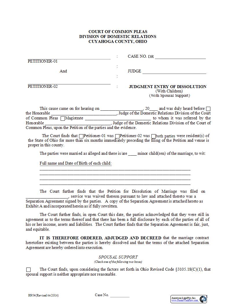 Judgment Entry Of Dissolution With Children {H-954} | Pdf Fpdf Docx | Ohio
