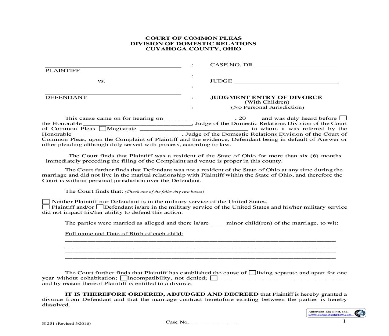 Judgment Entry Of Divorce (Children) (No Personal Jurisdiction) {H-251} | Pdf Fpdf Doc Docx | Ohio