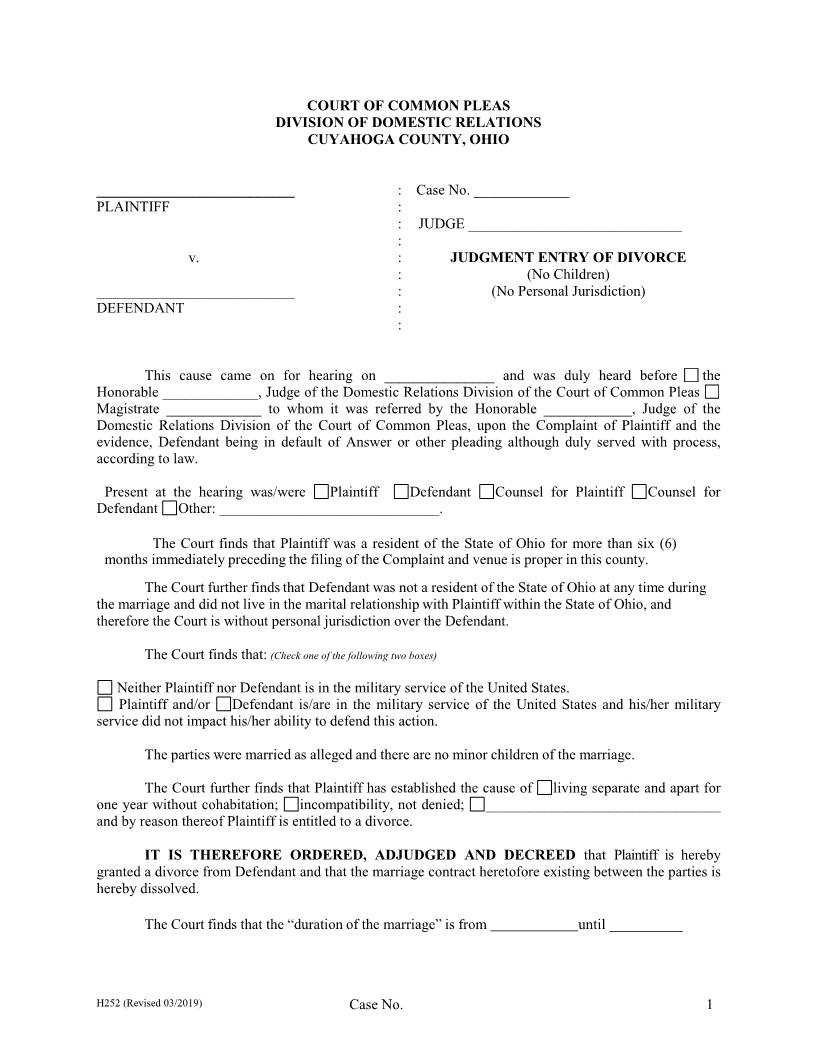 Judgment Entry Of Divorce (No Children) (No Personal Jurisdiction) {H-252} | Pdf Fpdf Doc Docx | Ohio