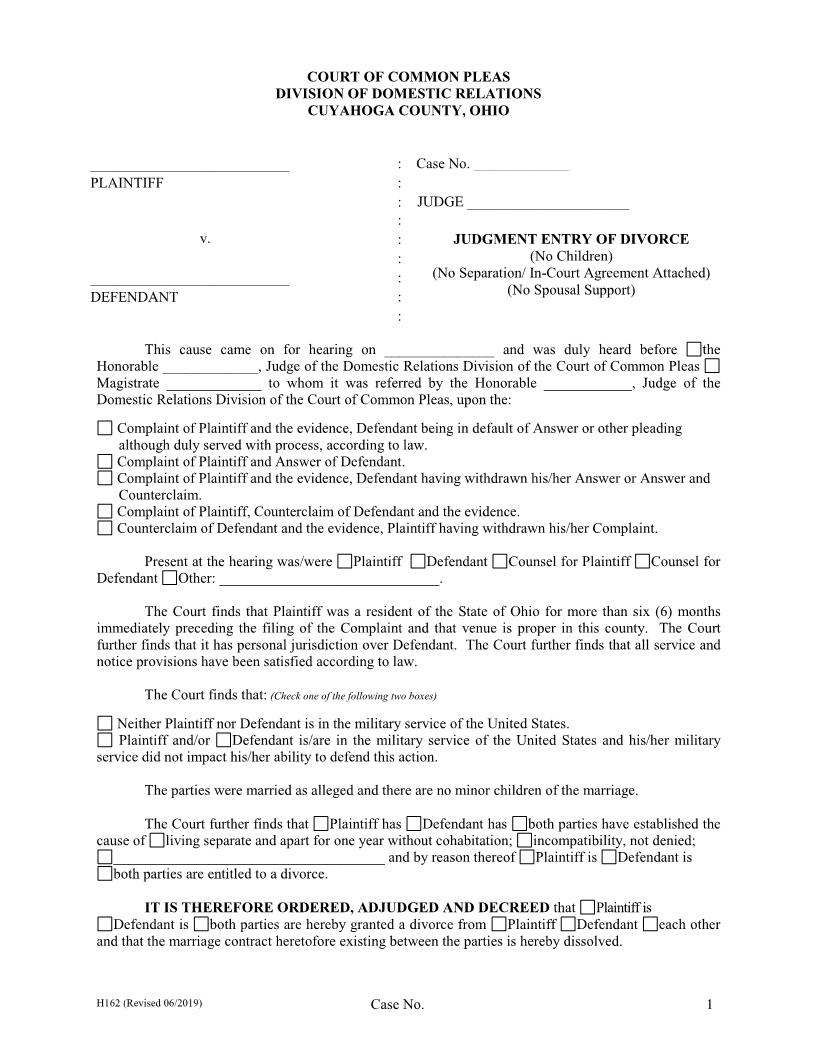 Judgment Entry Of Divorce (No Children) (No Separation Agreement) (No Spousal Support)  {H-162} | Pdf Fpdf Doc Docx | Ohio