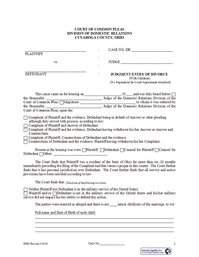 Judgment Entry Of Divorce (With Children) (No Separation Agreement) {H-946} | Pdf Fpdf Docx | Ohio