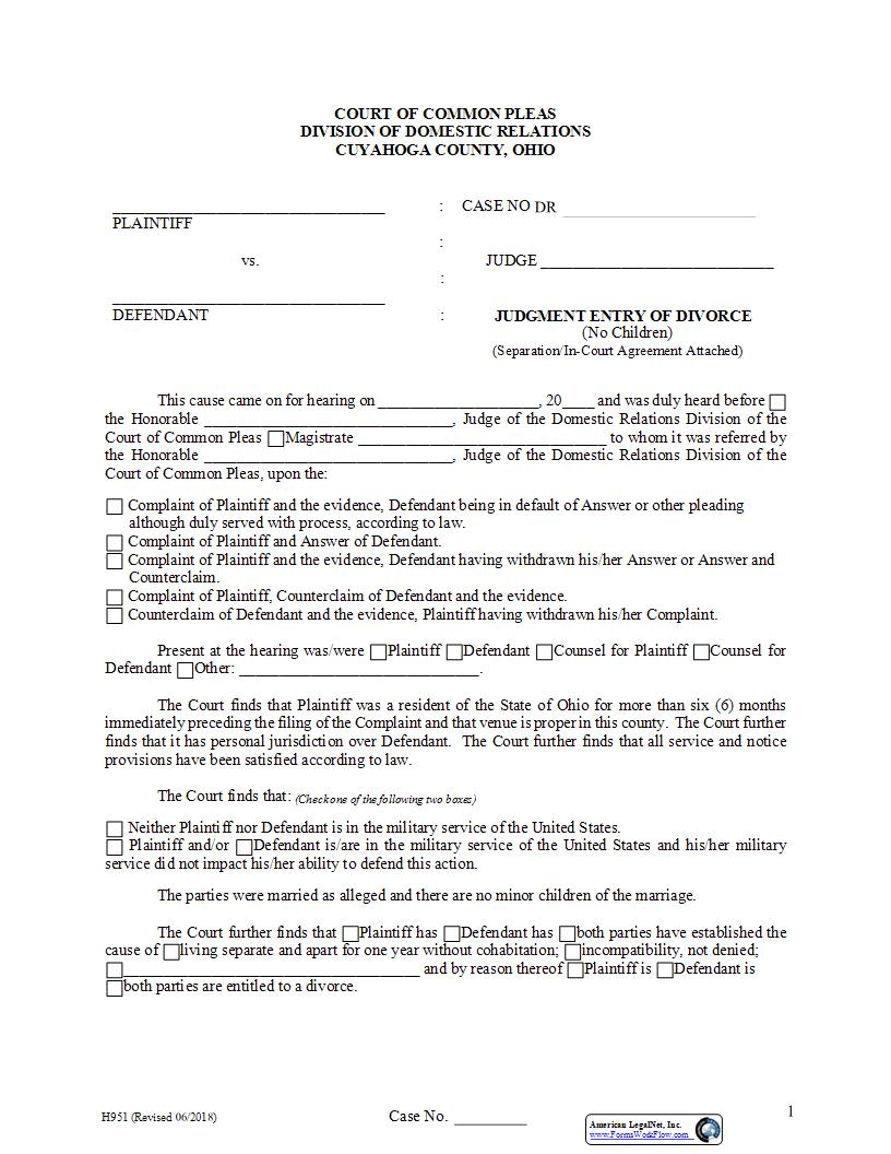 Judgment Entry Of Divorce No Children {H-951} | Pdf Fpdf Docx | Ohio
