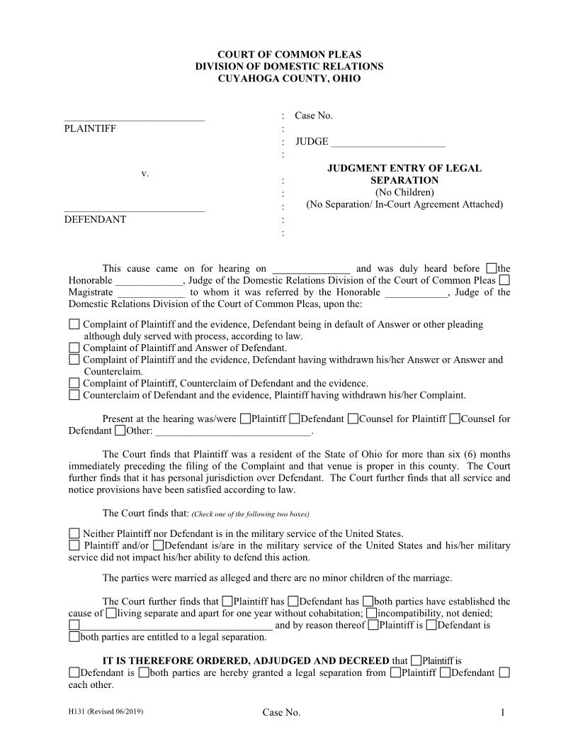 Judgment Entry Of Legal Separation (No Children) (No Separation) {H-131} | Pdf Fpdf Doc Docx | Ohio