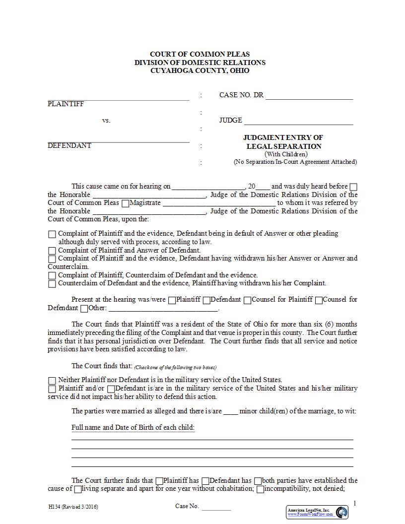 Judgment Entry Of Legal Separation (With Children) (No Separation) {H-134} | Pdf Fpdf Docx | Ohio