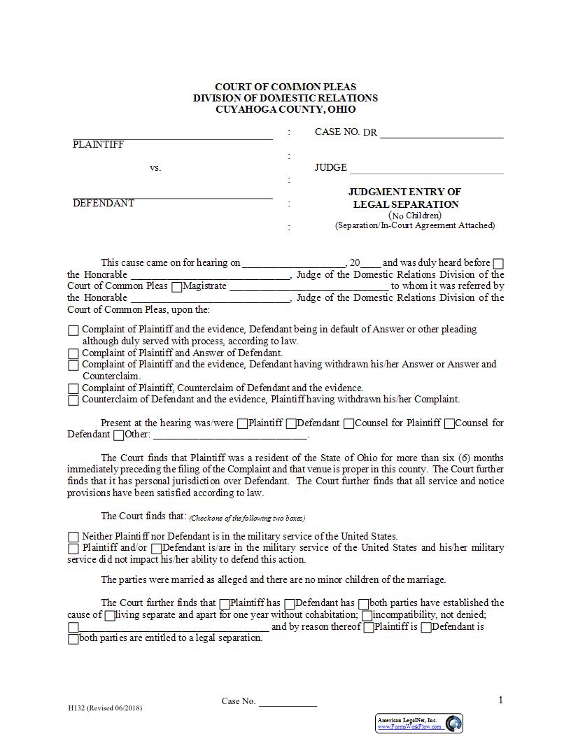 Judgment Entry Of Legal Separation No Children {H-132} | Pdf Fpdf Docx | Ohio