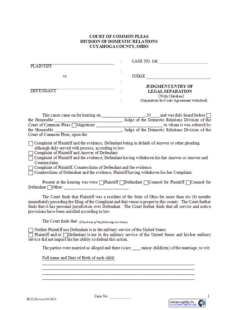 Judgment Entry Of Legal Separation With Children {H-133} | Pdf Fpdf Docx | Ohio