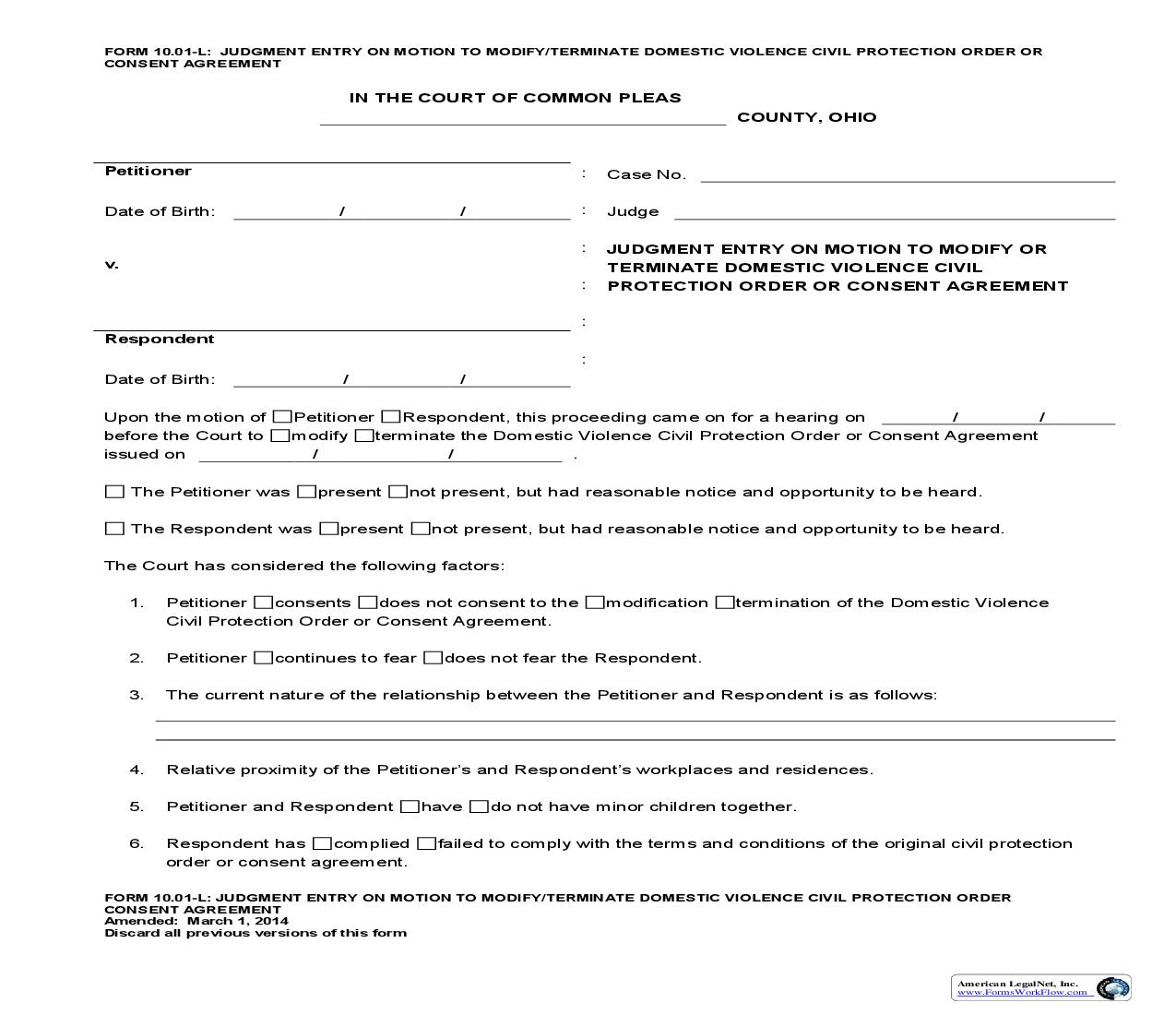 Judgment Entry On Motion To Modify Terminate Domestic Violence  {10.01-L} |  | Ohio